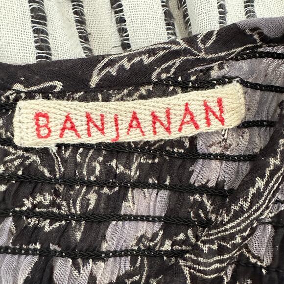 BANJANAN | Black Floral Smocked Bodice Curved Hem Tassle Dress | Sz XS - Picture 8 of 8